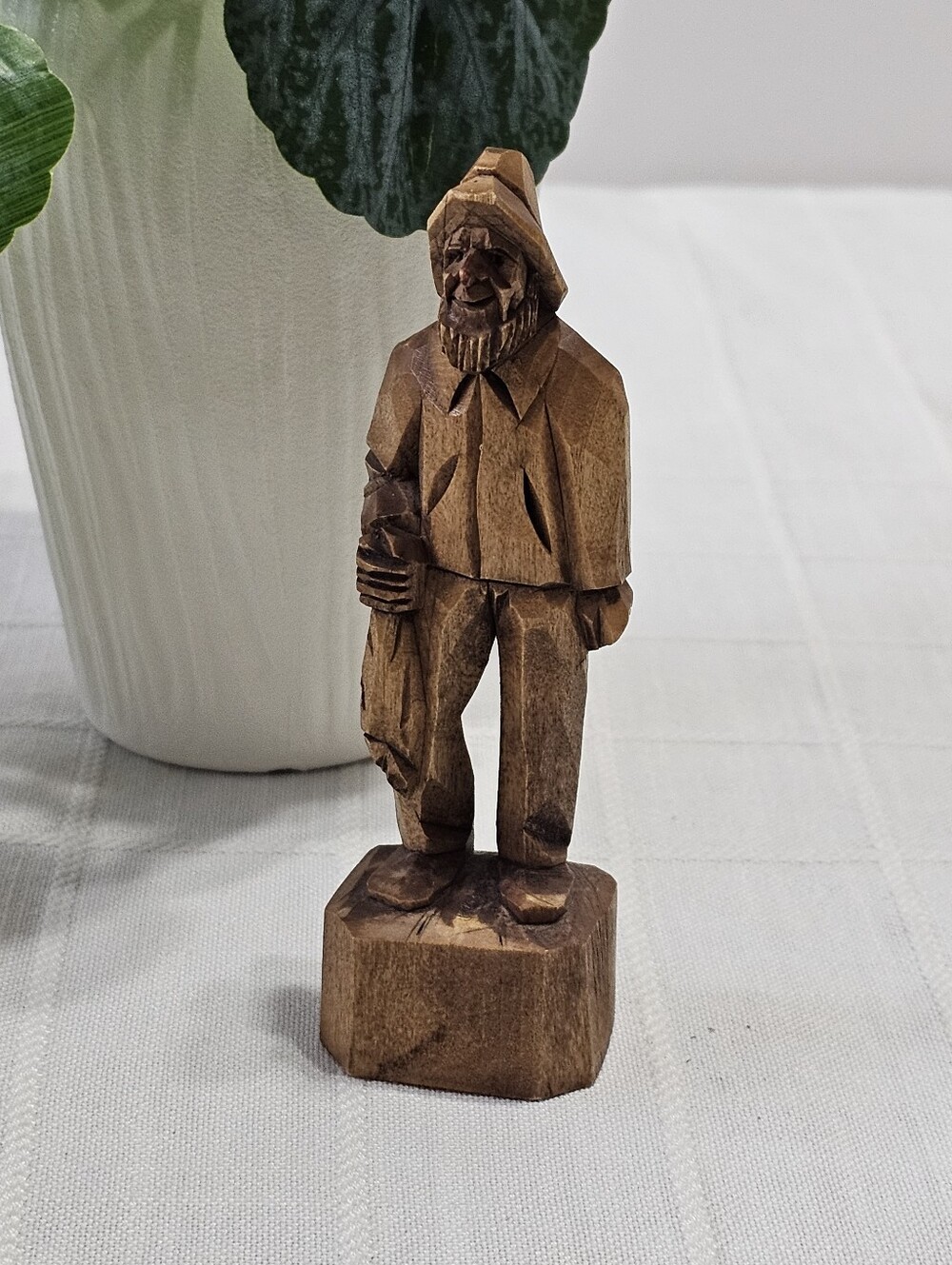 Hand Carved Wooden Fisherman Holding Fish Maritime Folk Art 5 Inch